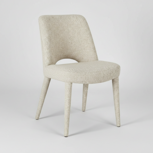 A modern dining chair upholstered in a textured beige bouclé fabric, featuring a rounded seat, a curved backrest with a central cutout, and tapered legs, shown against a plain white background.