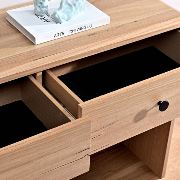 Light wood console table with lower shelf and sliding drawer compartment, round knob pull
