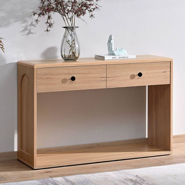 Light wood console table with two drawers, round black knobs, open central shelf