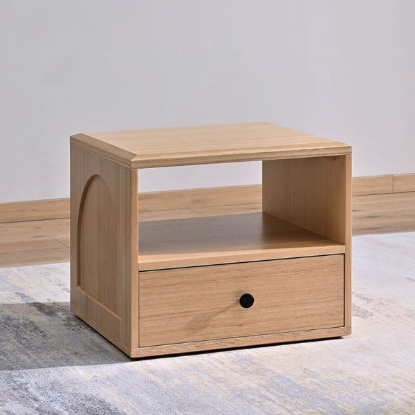 Light wood coffee table with open cubby and one drawer below, featuring a black knob