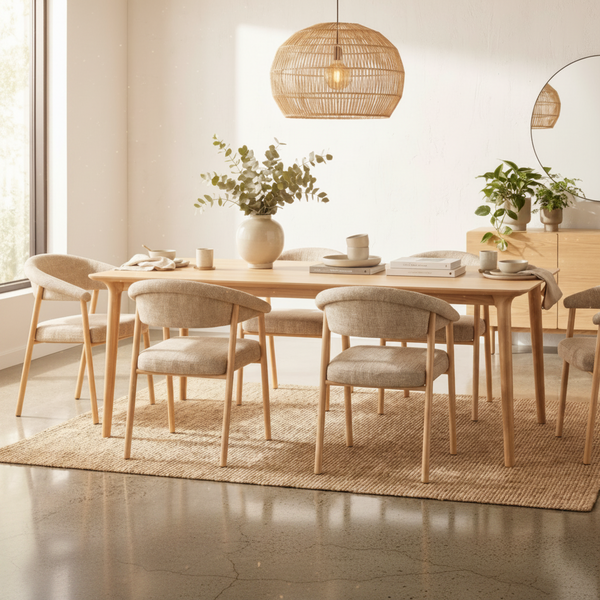 A modern dining room scene featuring a light wood dining table surrounded by upholstered chairs, set on a woven rug under a wicker pendant light. The room has a bright, airy aesthetic with natural light, plants, and neutral decor.