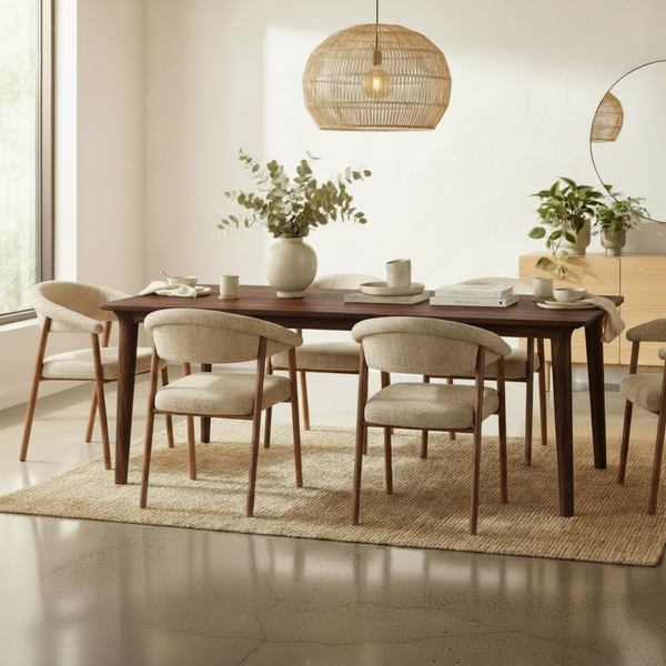 A dining room scene with a dark wood rectangular table surrounded by upholstered chairs, set on a woven rug with plants and a hanging woven pendant light in a bright interior.