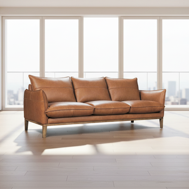 Brown upholstered 3-seat sofa with rolled arms and angled legs
