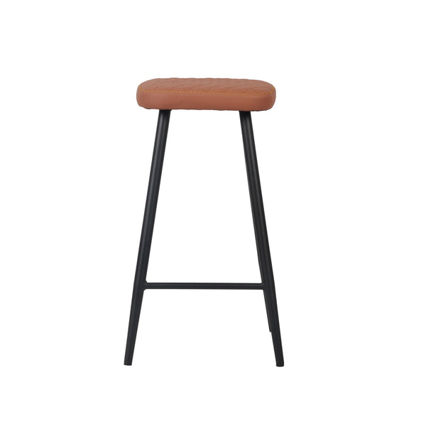 Tan round cushioned bar stool seat with black metal legs and footrest