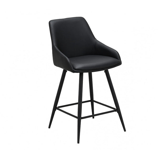 Black bar stool with padded PU seat and back, crossbar footrest, black metal legs
