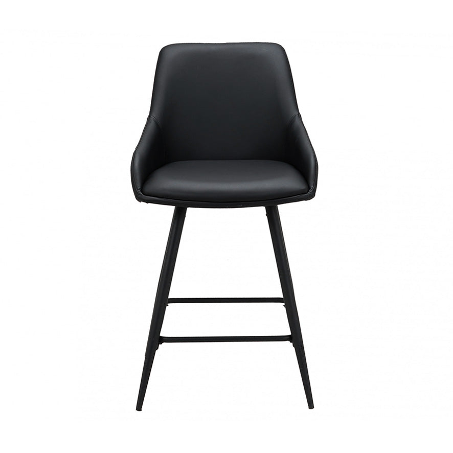 Black bar stool with padded PU seat and back, black metal frame
