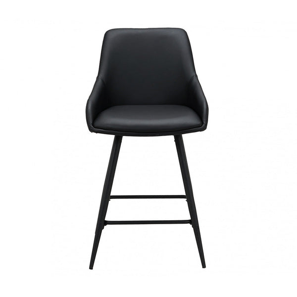 Black bar stool with padded PU seat and back, black metal frame