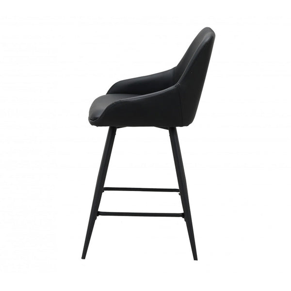 Black bar stool with padded PU seat, curved backrest, and black metal legs
