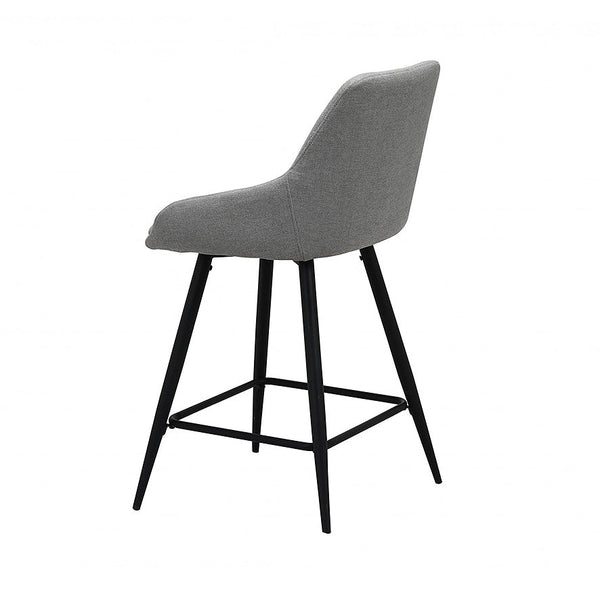 Light grey fabric bar stool with black frame; footrest visible from side