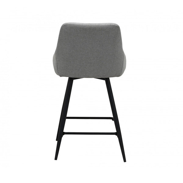Light grey upholstered bar stool with black legs and rectangular footrest