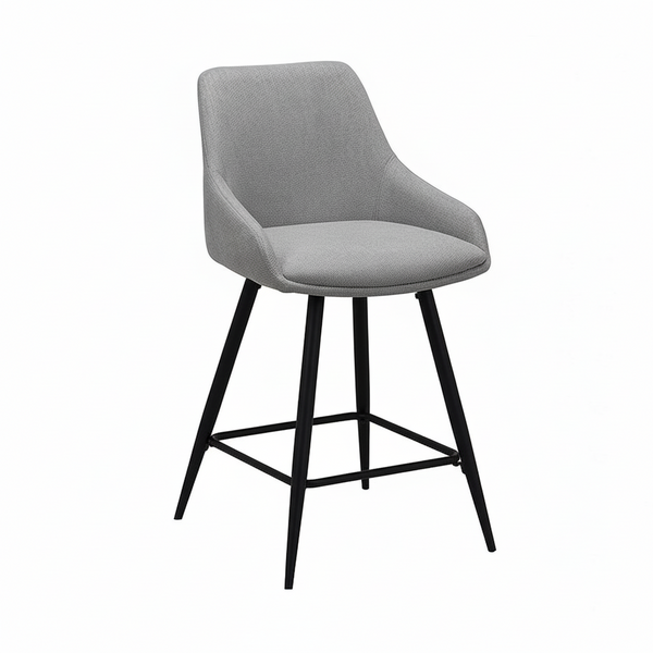 Light grey fabric bar stool with black frame and footrest, front view