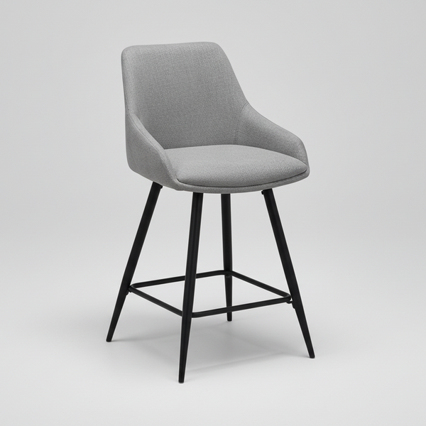 Light grey upholstered bar stool with black frame, angled view and footrest
