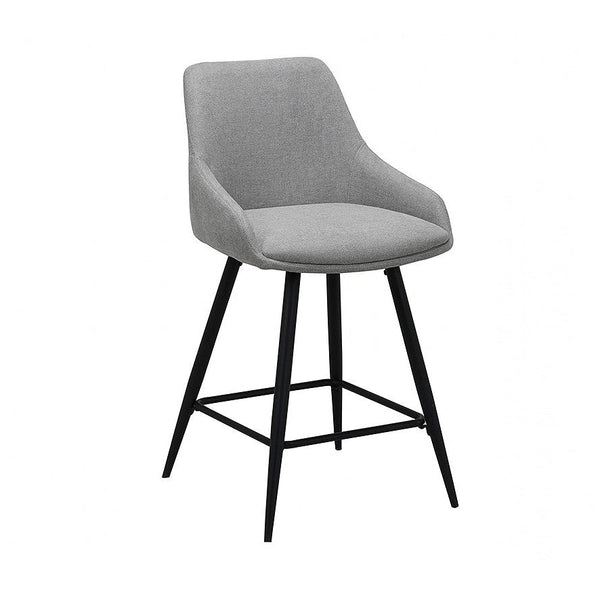 Light grey upholstered bar stool, angled view, black frame and footrest