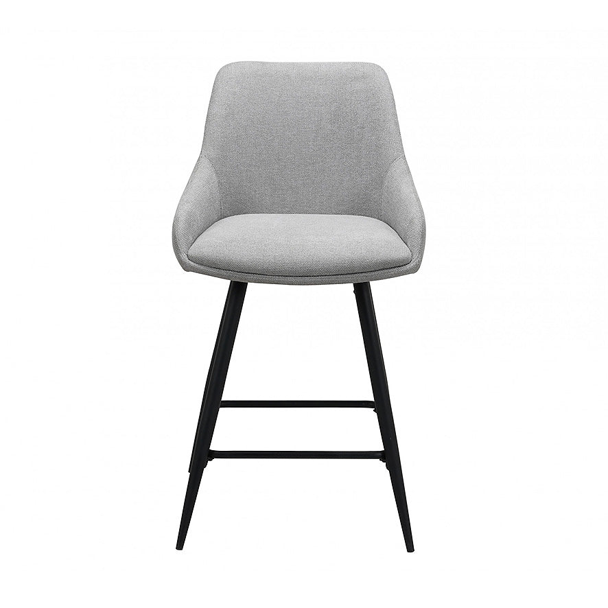 Light grey fabric bar stool with black legs and built-in footrest