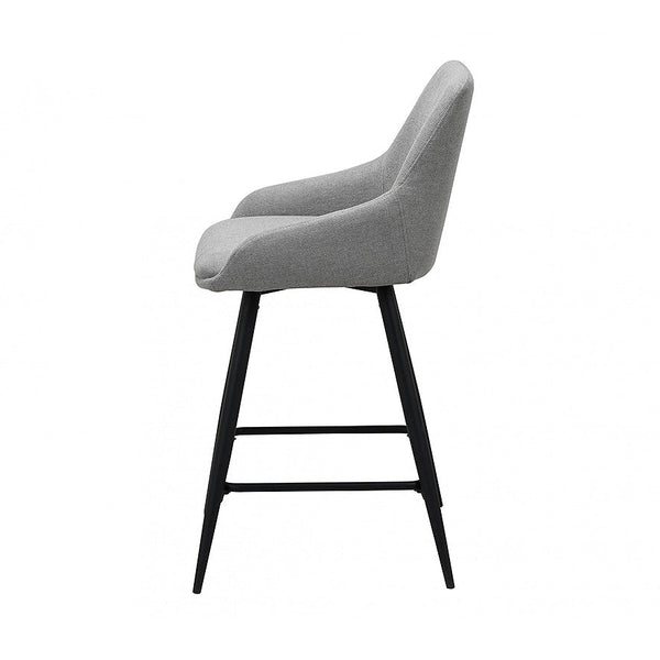Light grey upholstered bar stool with black legs and horizontal footrest