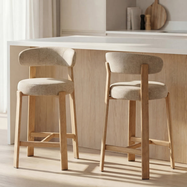 Avila : Bar Stool Natural Frame Beige Fabric