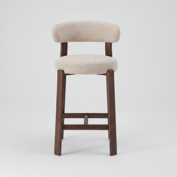 Beige upholstered bar stool with walnut-finished frame and square backrest