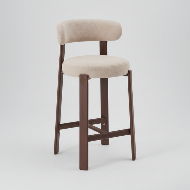 A modern bar stool with a light beige upholstered seat and curved backrest, supported by a dark brown wooden frame with four legs and front support bars, shown on a light gray background.