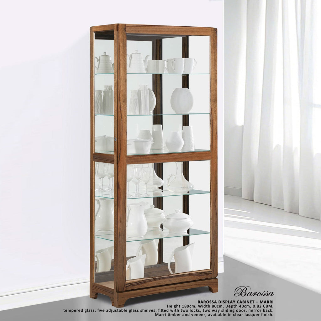 Marri timber display cabinet with glass doors and adjustable glass shelves
