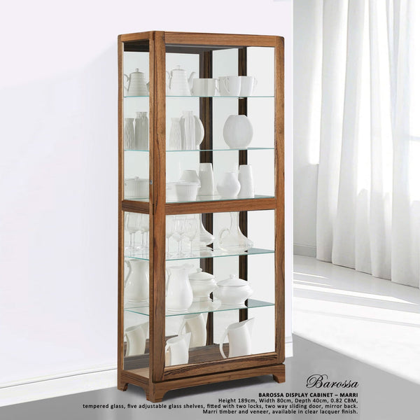Marri timber display cabinet with glass doors and adjustable glass shelves