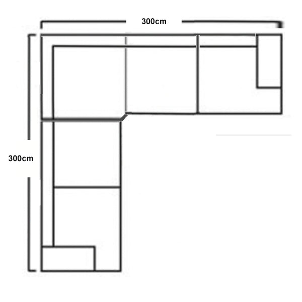 Top-view layout diagram with corner sofa dimensions