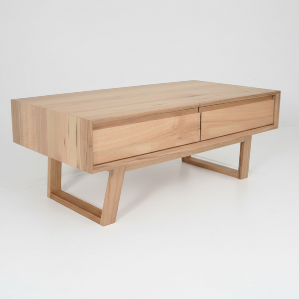 Bondi coffee and lamp table in light wood, rectangular with drawer and open frame base