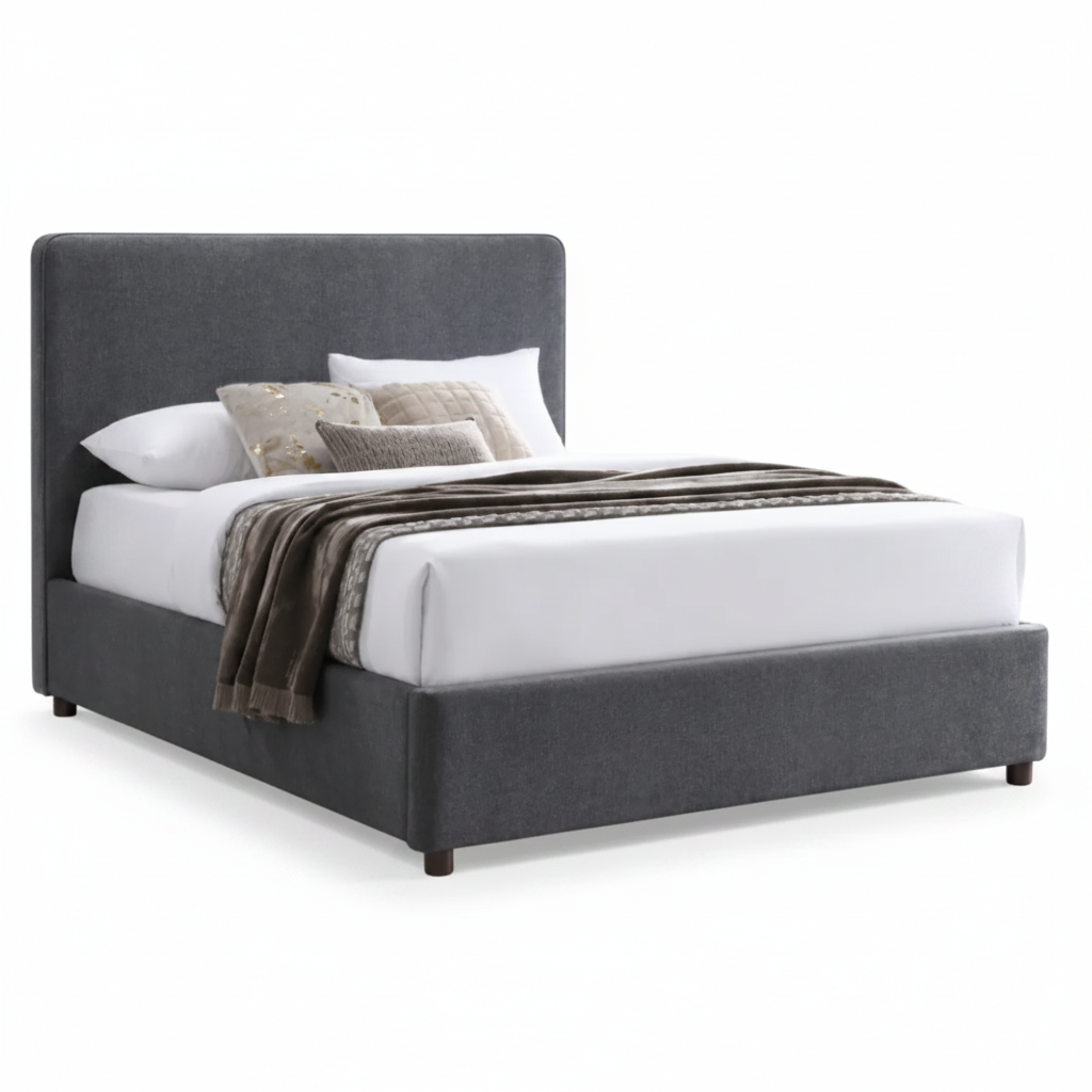 Becky Upholster Bed in Charcoal Fabric modern design queen and king size.