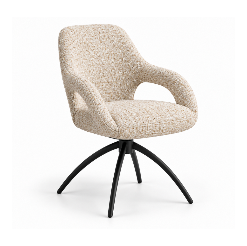 Taran Swivel Dining Chair with Arms | Beige Fabric | Black Frame