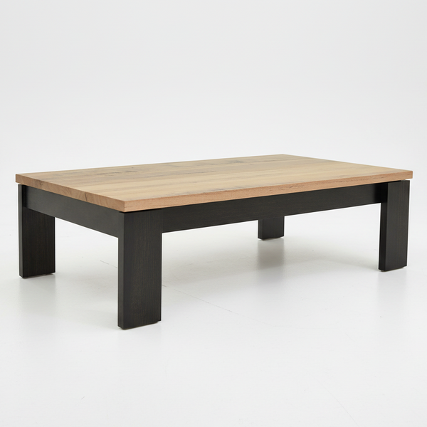 Belgrave coffee table with light wood top and dark square legs