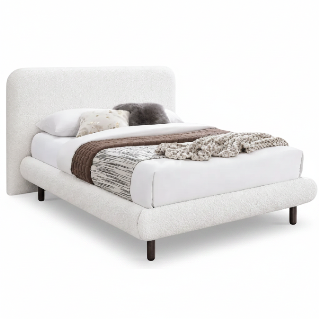 The Belle upholstered bed in cream colour boucle fabric contemporary design in double and queen size.