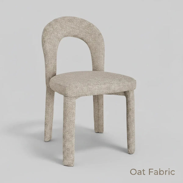 Upholstered dining chair with rounded back and oat fabric in light beige