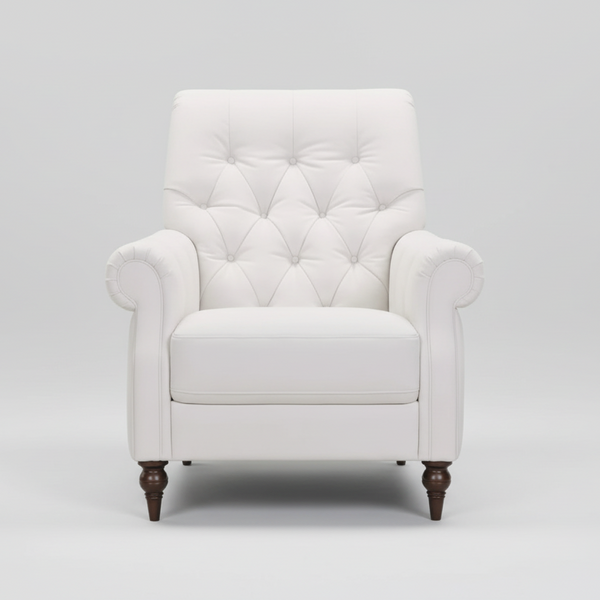 White Chesterfield accent chair with tufted back, thick seat cushion, and turned legs