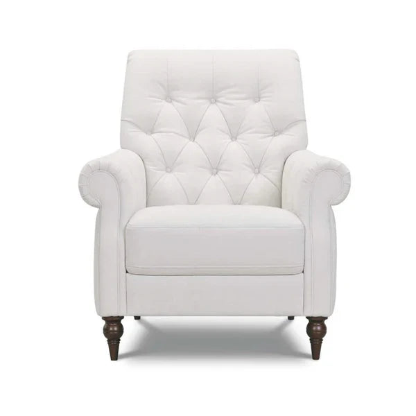 White Chesterfield accent chair with button-tufted back, rolled arms, and turned legs