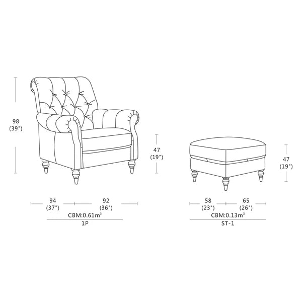 Chesterfield accent chair size diagram showing height, width, and depth measurements