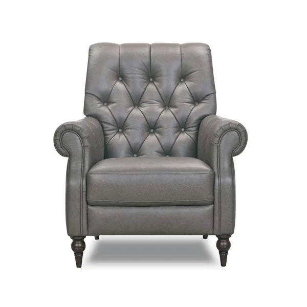 Gray Chesterfield accent chair featuring button-tufted back and cushioned rolled arms