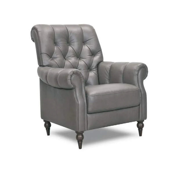 Gray Chesterfield accent chair with tufted back, rolled arms, and turned legs