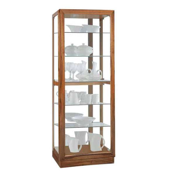 Tall glass display cabinet in warm timber with hinged door and interior glass shelves