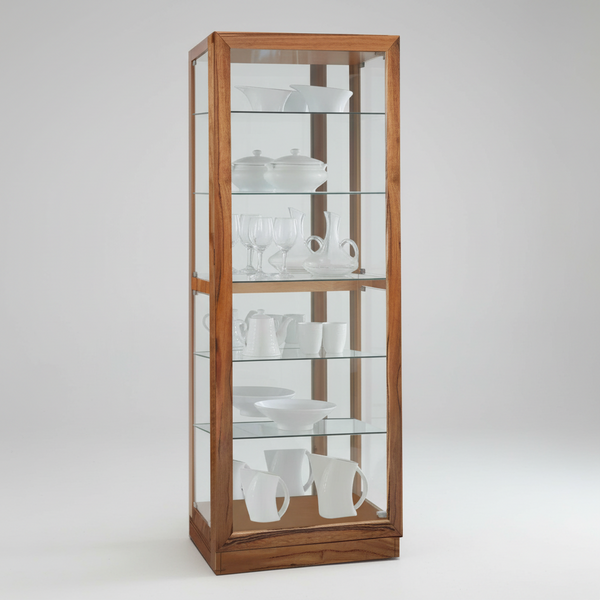 Wood-framed glass display cabinet with clear shelving, visible cups and servingware inside