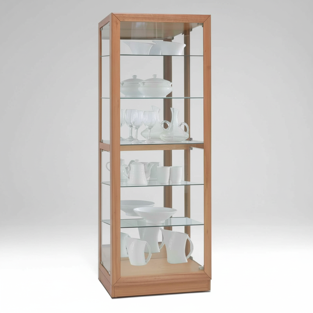 Glass-front display cabinet in light timber with multiple shelves for displaying tableware
