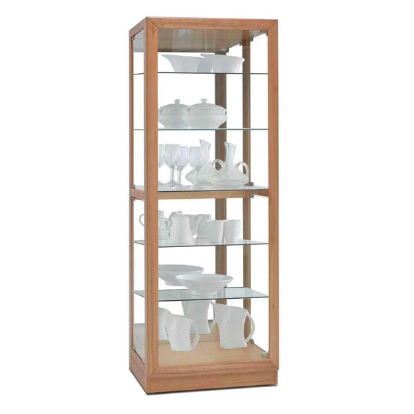 Messmate timber display cabinet with glass door and three glass shelves, front view