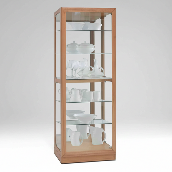 Glass-front display cabinet in light timber with multiple shelves for displaying tableware