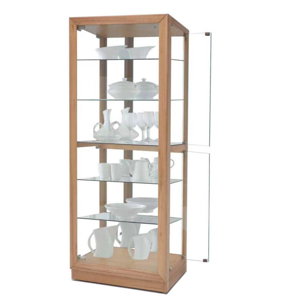 Messmate timber display cabinet with glass door ajar and glass shelves, side angle