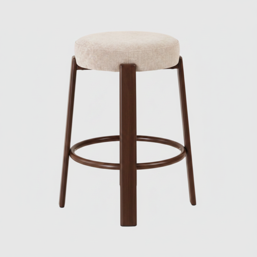 Beige fabric bar stool with walnut frame and circular footrest