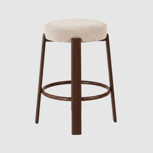 Beige fabric bar stool with walnut frame and circular footrest