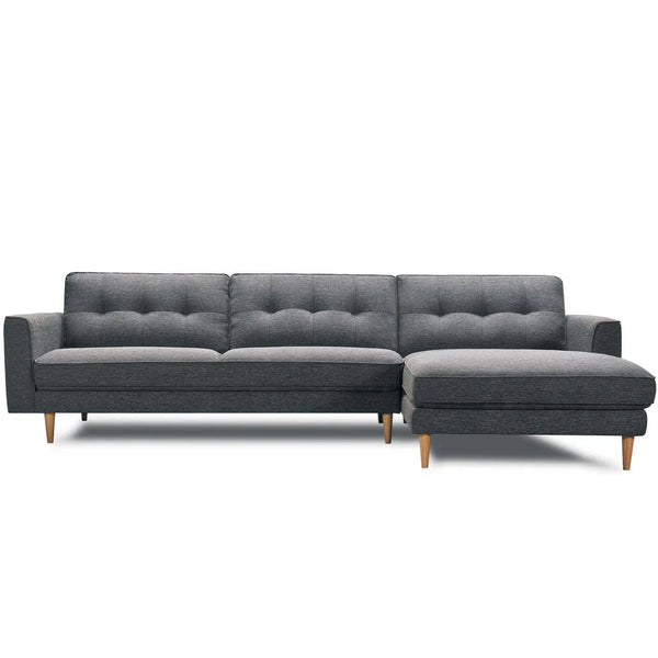 Charcoal grey tufted sectional sofa upholstery fabric with chaise and wide armrests