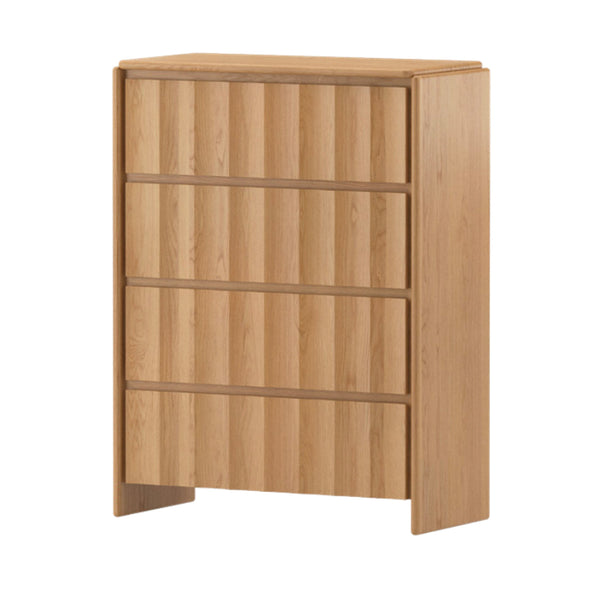 Light wood nightstand with three horizontal lines and front drawer detail, angled legs.