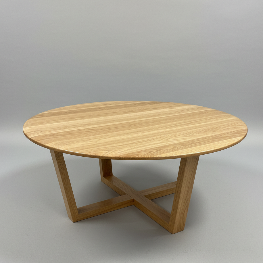 Round light-wood coffee table with low X-cross legs and smooth tabletop