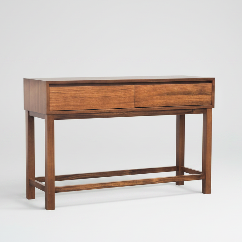 Wooden console table with two drawers on a white background