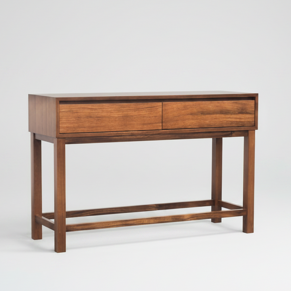 Wooden console table with two drawers on a white background