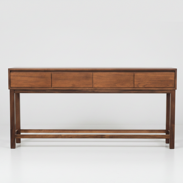 Wood console table with a long drawer and multiple panel fronts, open lower shelf